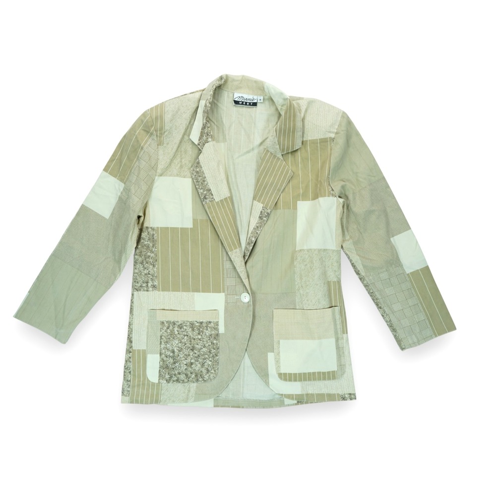 Vintage‎ Marnie West Women's Blazer Patchwork Collared V Neck Shoulder Pads M